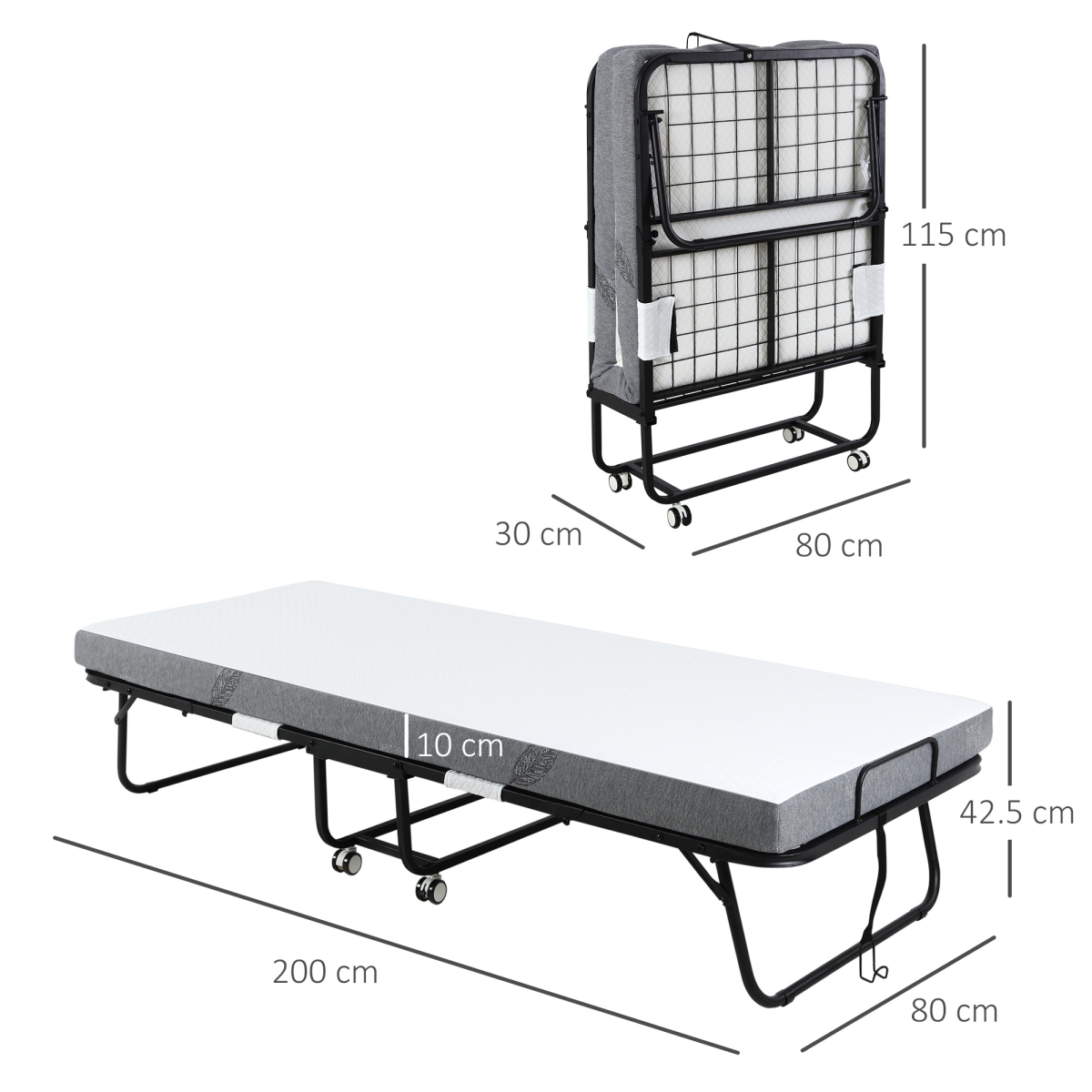 HOMCOM Folding Guest Bed with 10cm Mattress – Portable Metal Frame with Castor Wheels