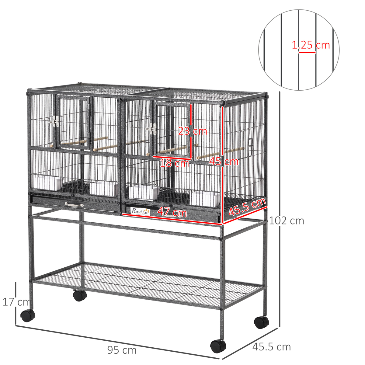 Large Rolling Bird Cage with Stand, 4 Perches and Food Bowls – Divisible Aviary for Finches and Canaries