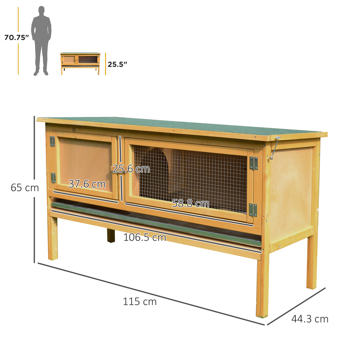 PawHut Wooden Rabbit Hutch with Hinged Top and Slide-Out Tray – Outdoor Small Animal House, Yellow and Green