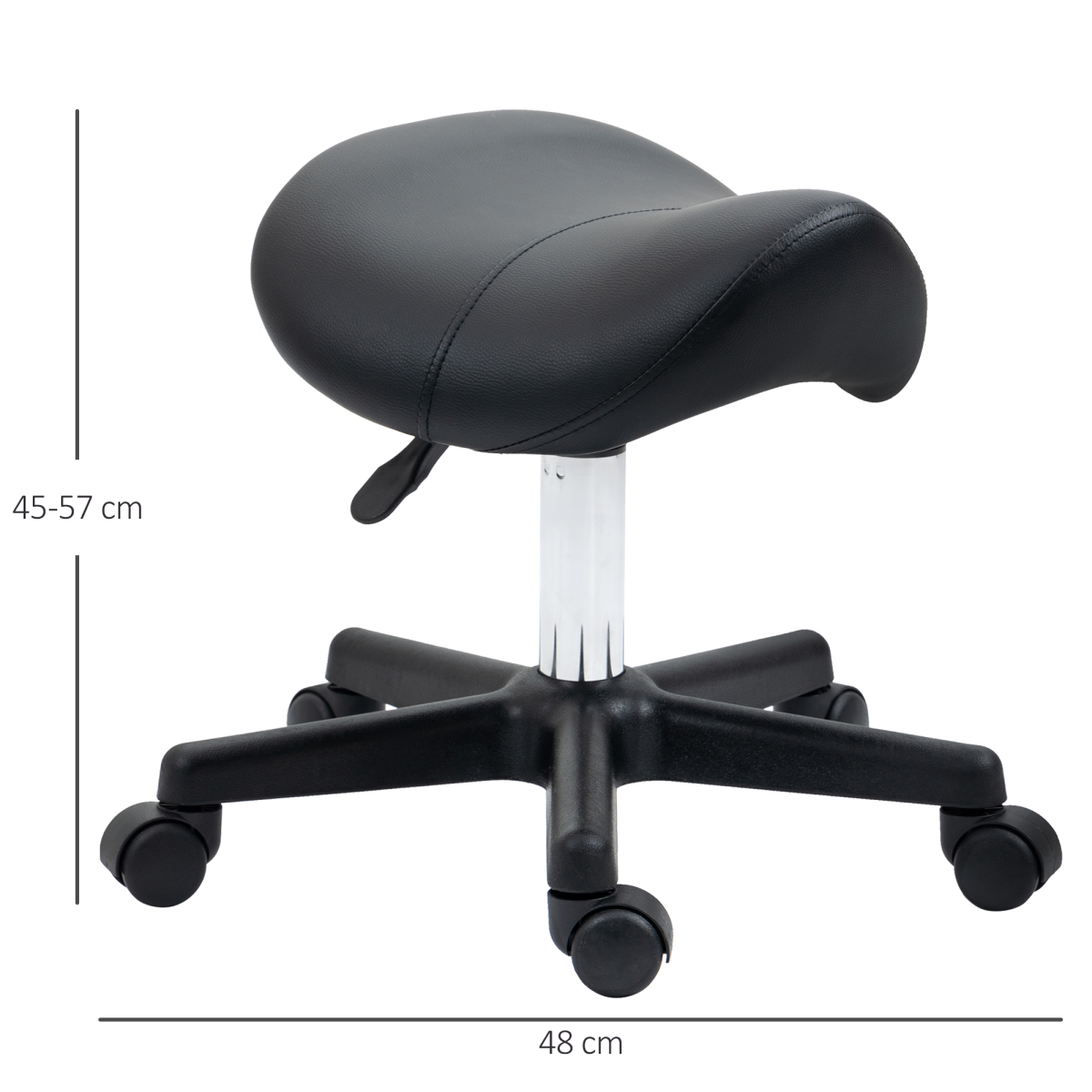 HOMCOM Saddle Stool in PU Leather, Adjustable 45–57cm Height, Steel Frame, 5 Wheels – Rolling Salon Chair