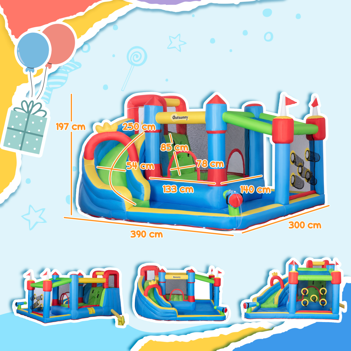 Outsunny 6-in-1 Kids Inflatable Bouncy Castle with Water Slide, Water Gun & 450W Air Blower – Garden Fun