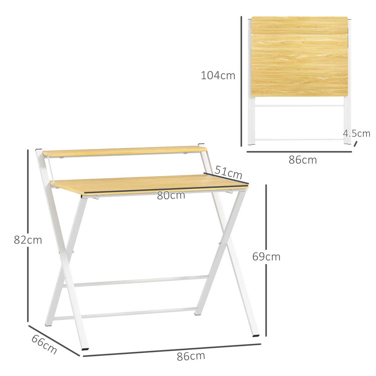 HOMCOM Folding Desk with 2-Tier Shelf – Space-Saving Home Office Computer Table, Maple Wood-Effect