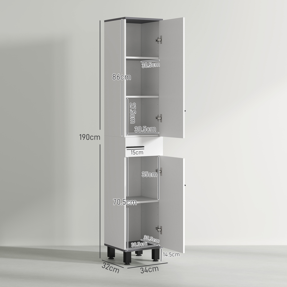 HOMCOM Tall Slim Bathroom Cabinet with Double Doors, Drawer & Adjustable Shelves – White and Black