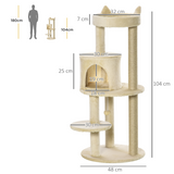 Pawhut 3-Tier Deluxe Cat Tree with Scratching Posts, Hide-Away House & Play Ball – Activity Tower, Beige