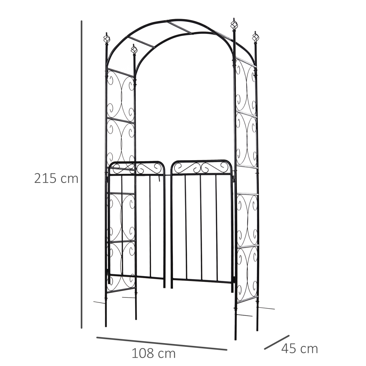 Outsunny Metal Garden Arch Gate with Double Doors & Side Trellis – Decorative Arbor for Climbing Plants, Black