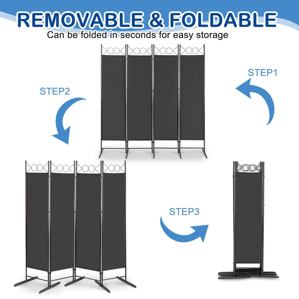 4-Panel Folding Room Divider Screen, 164 x 175cm – Black Carbon Steel Frame with Polyester Fabric