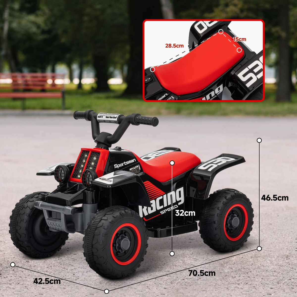 AIYAPLAY 6V Electric Quad Bike for Kids with Forward & Reverse, LED Headlights – Ride-On for Ages 18–36 Months, Black and Red