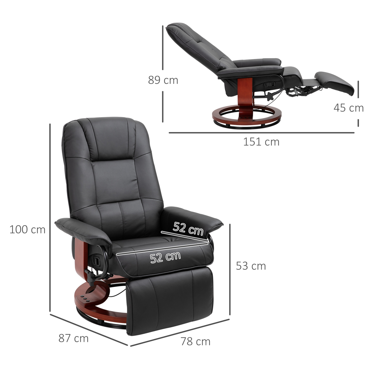 Close-up of the swivel base on the black PU leather recliner armchair