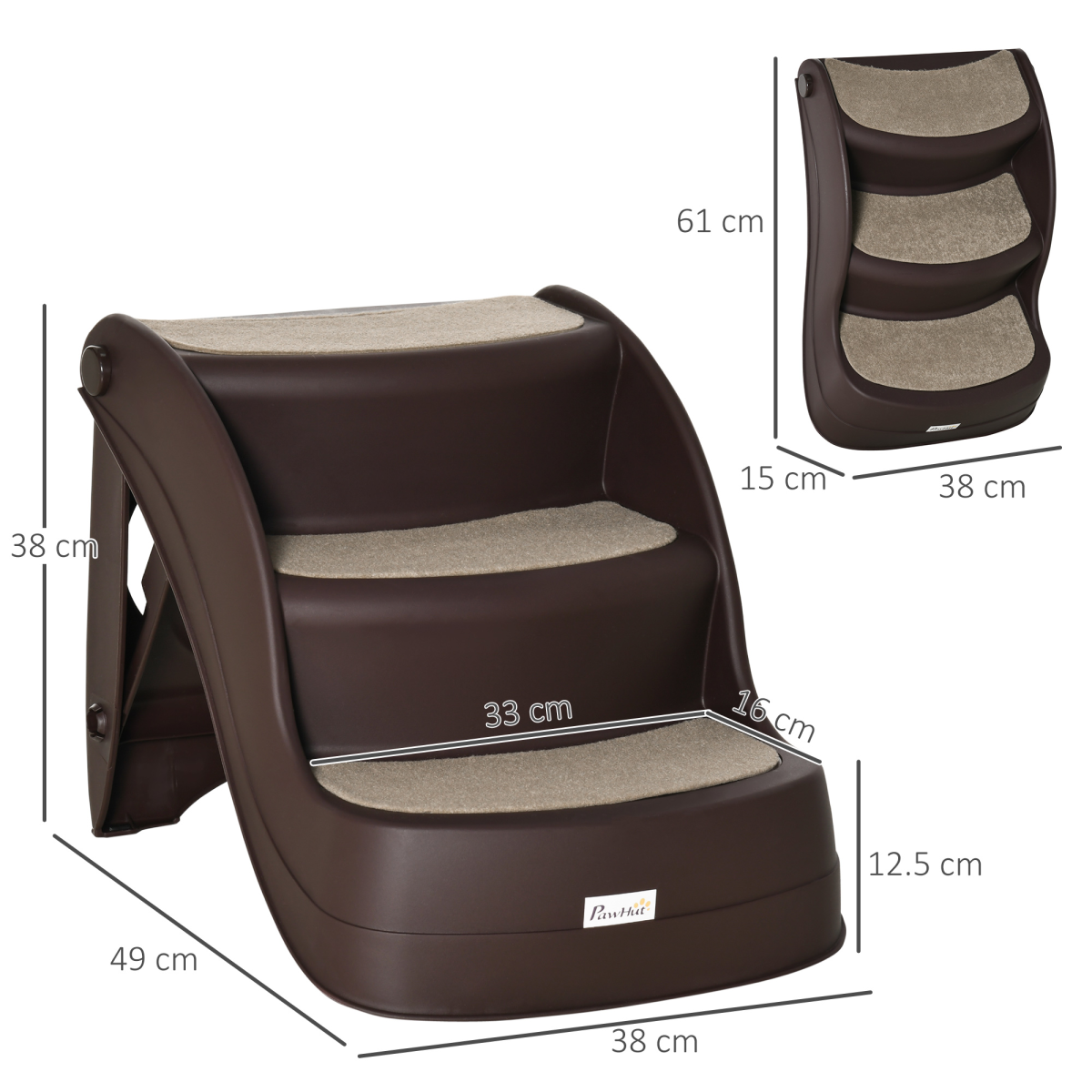 Portable Dog Steps with Non-Slip Feet and Carpeted 3-Step Design – Foldable Pet Stairs for Beds, Brown