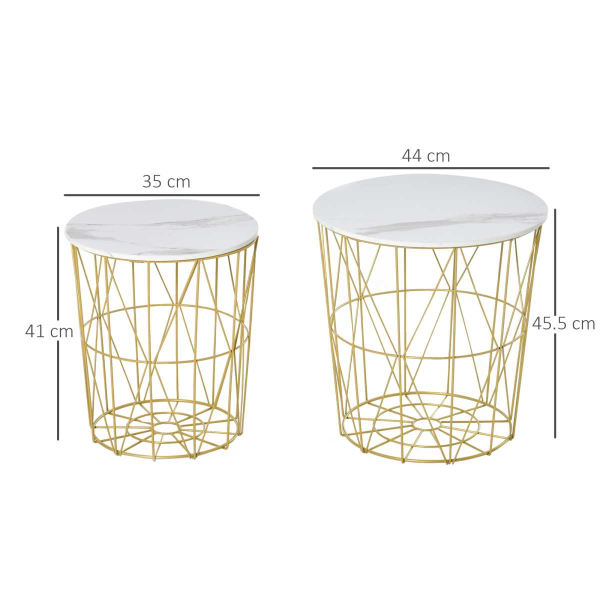 HOMCOM Set of 2 Nesting Side Tables with Marble-Effect Removable Top and Basket – Gold Steel Frame, White