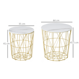 HOMCOM Set of 2 Nesting Side Tables with Marble-Effect Removable Top and Basket – Gold Steel Frame, White