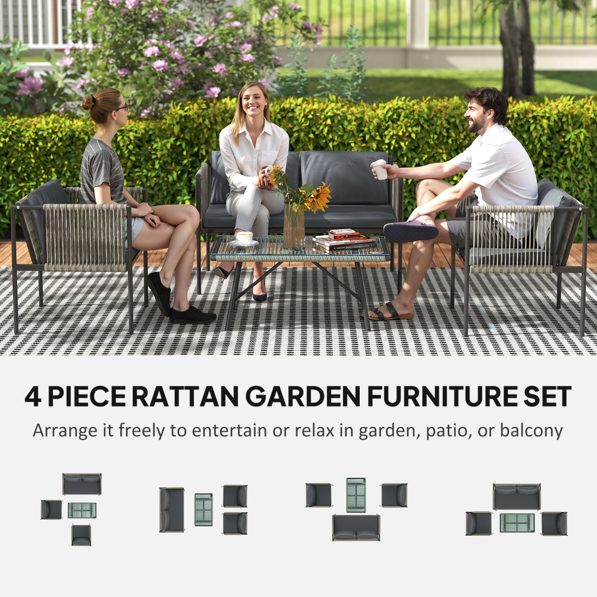 Outsunny 4 Seater Rattan Garden Furniture Set with Tempered Glass Coffee Table – Outdoor Sofa Set, Grey