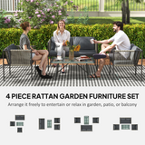 Outsunny 4 Seater Rattan Garden Furniture Set with Tempered Glass Coffee Table – Outdoor Sofa Set, Grey