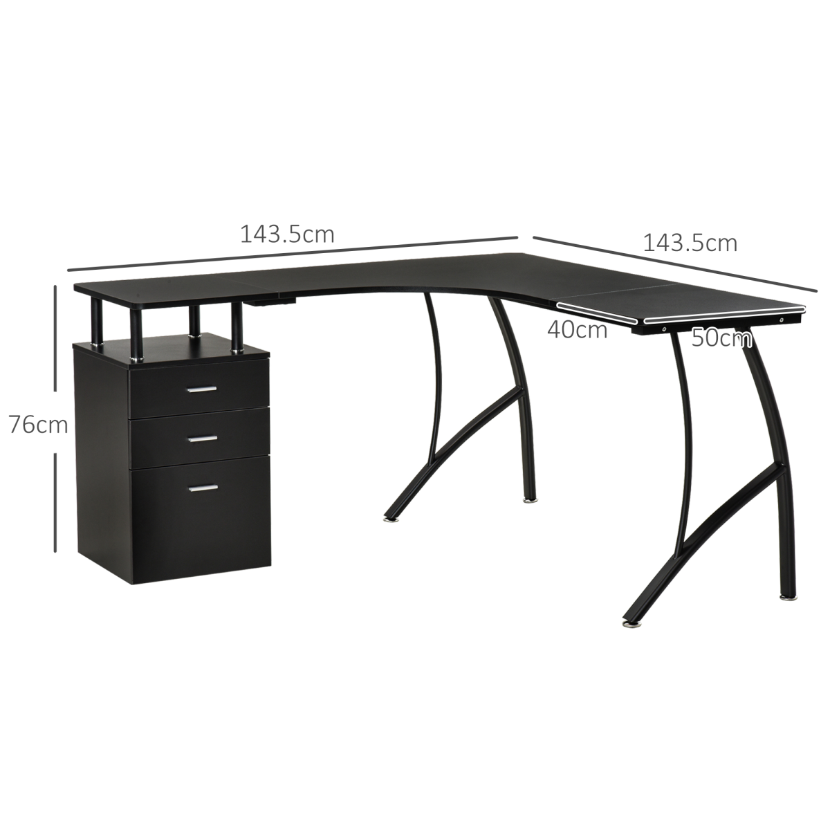 L-Shaped Corner Computer Desk with 3 Drawers & Steel Frame – Space-Saving Home Office Workstation, Black