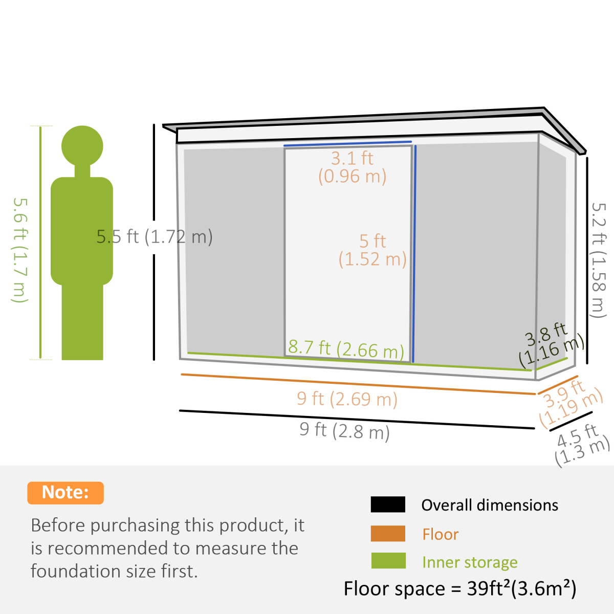 Metal Garden Shed with Sliding Lockable Double Doors, 2 Vents & Foundation Kit – 280 x 130cm, Light Grey
