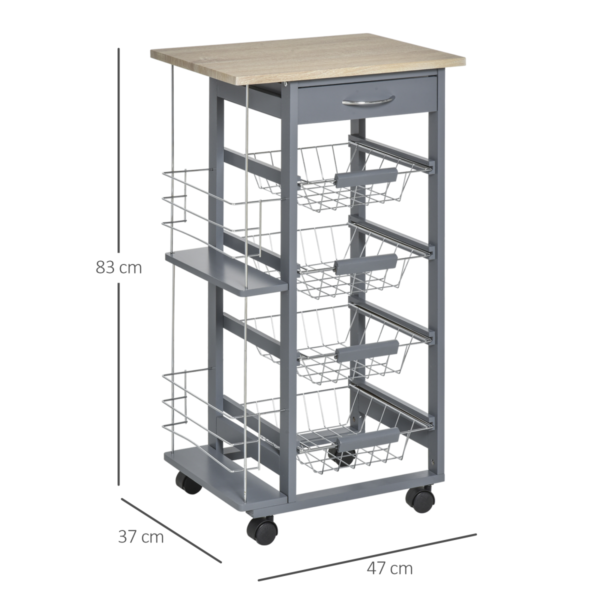 HOMCOM Kitchen Island Trolley with 4 Removable Baskets, Drawer & Side Racks – Dark Grey