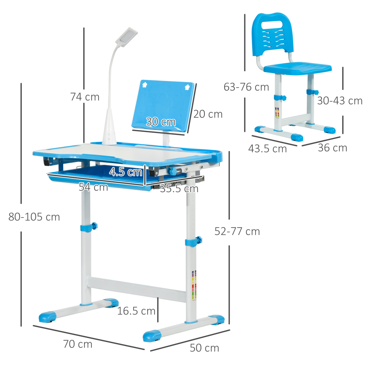 HOMCOM Kids Study Desk and Chair Set with USB Lamp, Tiltable Tabletop and Adjustable Height, Blue
