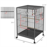 Rolling Bird Cage with Stand – Budgie, Canary and Finch Cage with Swing, Perches, Bowls and Storage Shelf, Grey