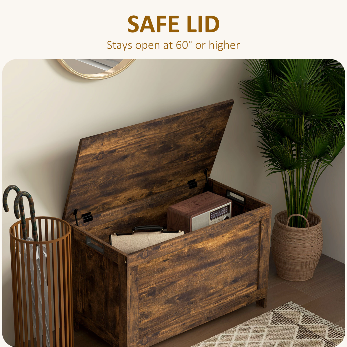 Rustic Brown Storage Bench with Hinged Lid & Side Handles – Entryway Shoe Bench, Storage Chest, MDF