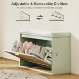 Shoe Storage Bench with Rattan-Accent Flip Drawer & Padded Cushion – Hallway Cabinet for 8 Pairs, Light Green