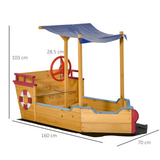 Kids Wooden Pirate Boat Sandpit with Canopy Shade and Storage Bench – Outdoor Sandbox