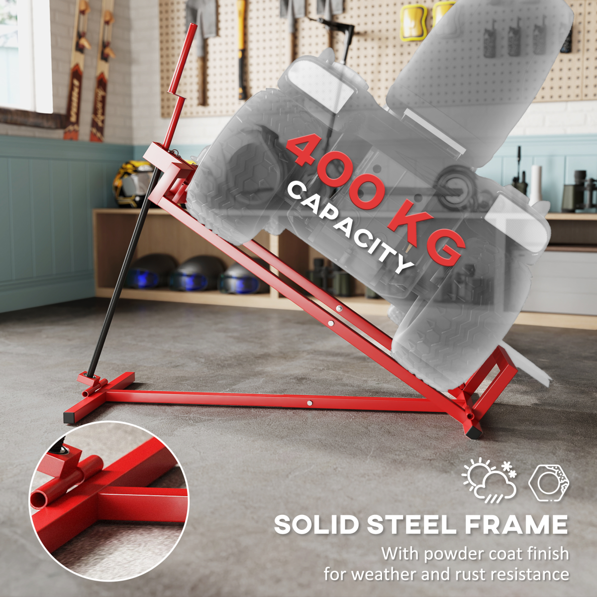 HOMCOM Foldable Ride-On Lawn Mower Lift, 400kg Capacity – Telescopic Maintenance Jack for Mowers & ATVs, Red