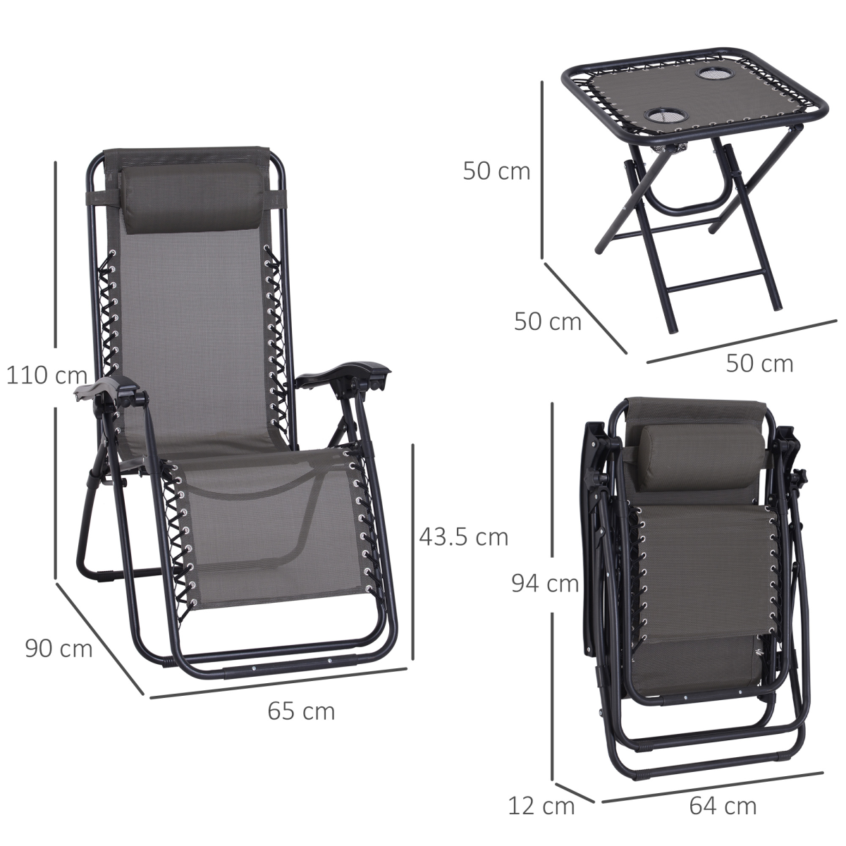 Outsunny 3-Piece Zero Gravity Sun Lounger Set with Side Table and Cup Holders – Foldable Recliners, Dark Grey