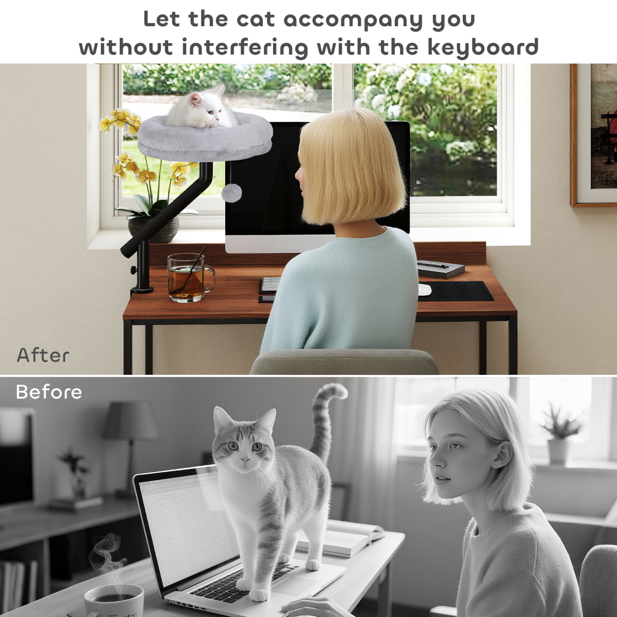 PawHut Cat Bed for Desk with 360° Rotation, Adjustable Clamp-On Cat Hammock Nest & Teaser Ball, Grey