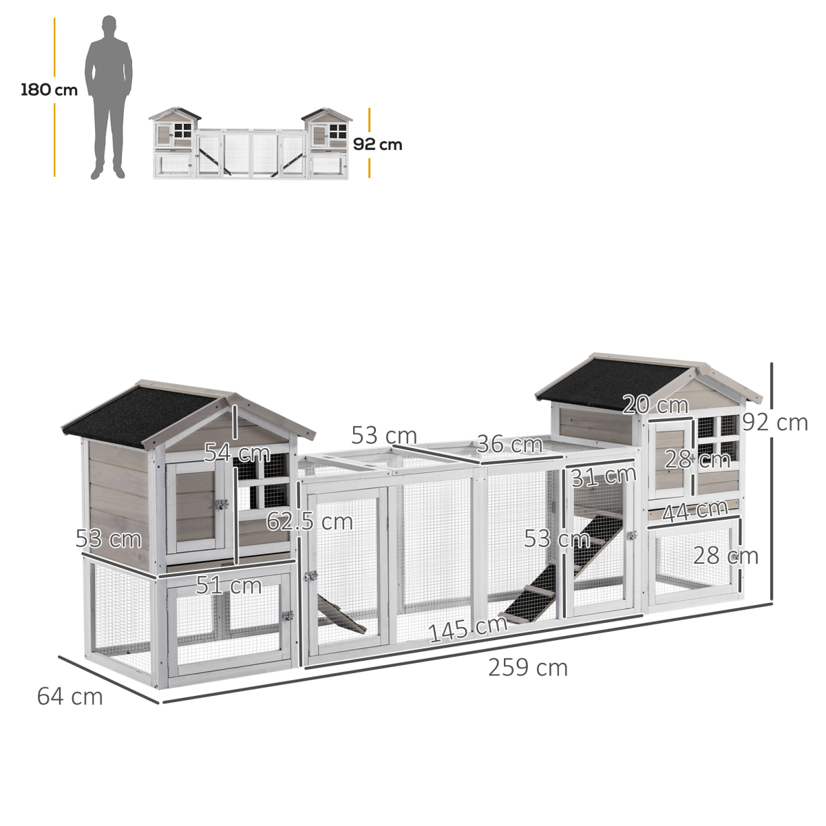 PawHut 2-in-1 Wooden Rabbit Hutch with Double House, Run Box, Slide-Out Tray & Ramp – Outdoor Home