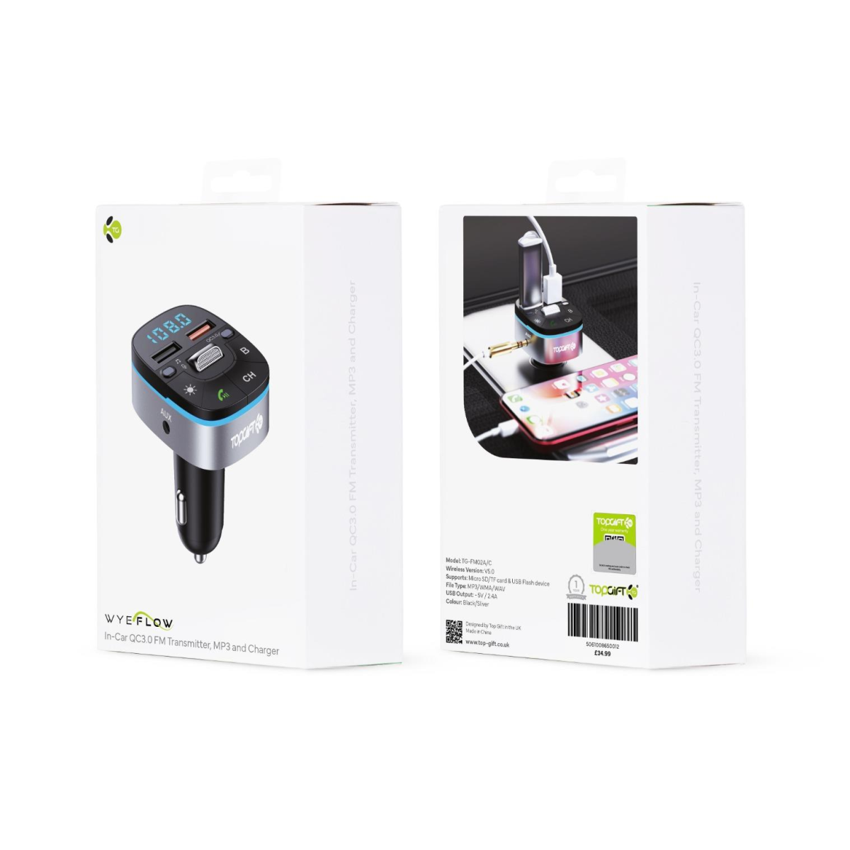 WYEFLOW In-Car Edge FM Transmitter with Bluetooth 5.0, MP3 Player & Fast USB Charger – Black/Silver