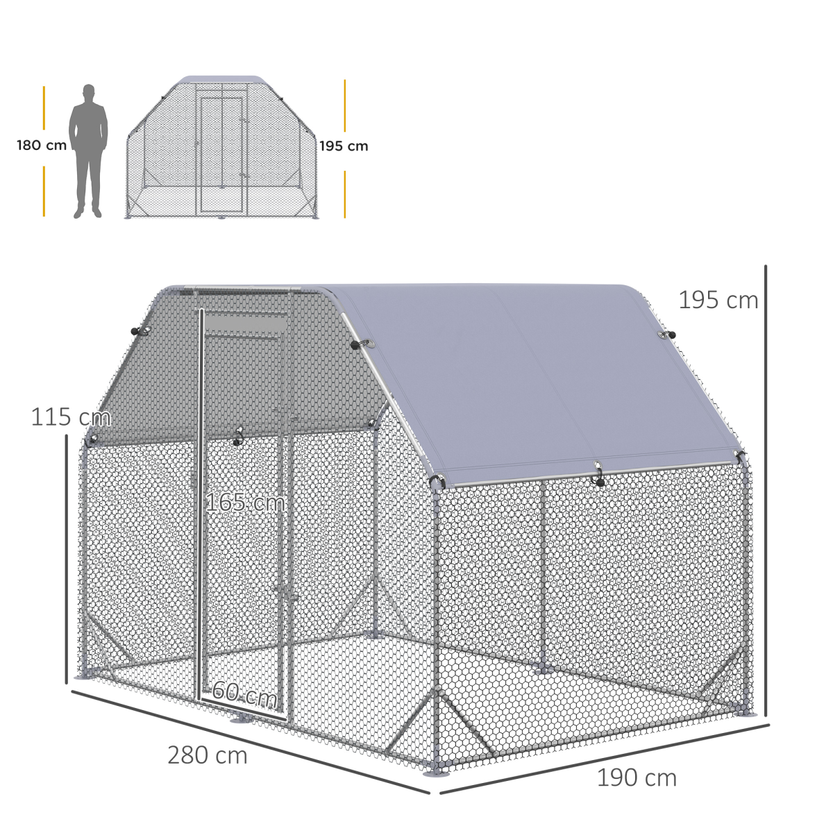 PawHut Walk-In Chicken Run with Roof Cover, Galvanised Steel Coop for 4-6 Chickens – 2.8m Hen House