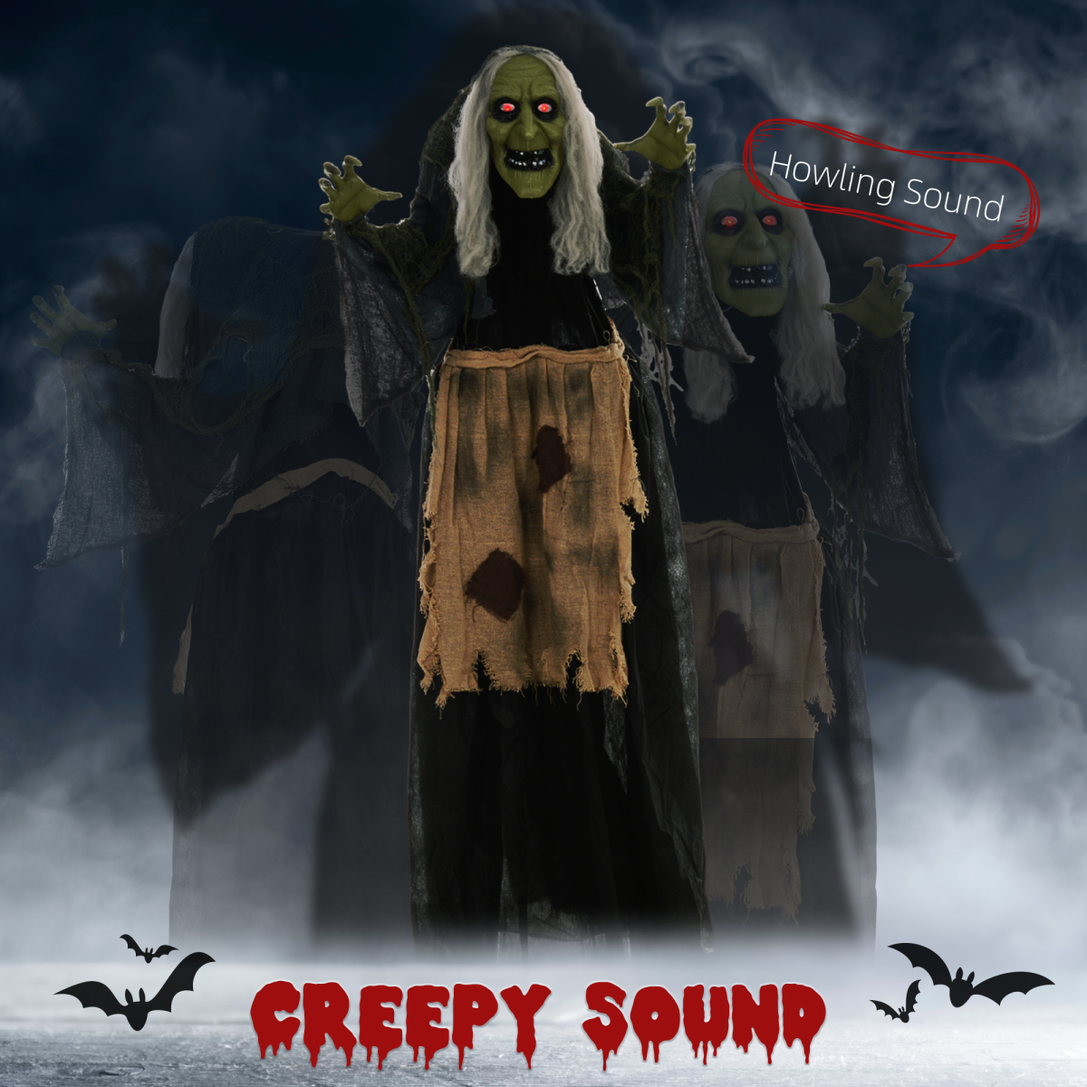 HOMCOM Halloween Witch Animatronic Prop with Sound Activation and Glowing Red Eyes – Indoor and Covered Outdoor