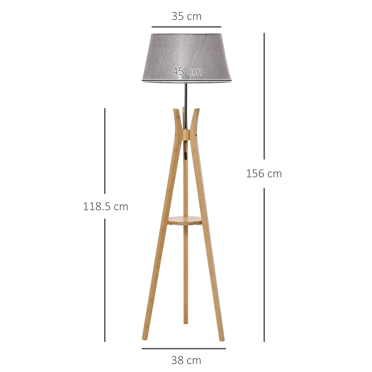 HOMCOM Tripod Floor Lamp with Fabric Shade & Built-In Storage Shelf – Living Room Standing Light, Grey