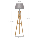 HOMCOM Tripod Floor Lamp with Fabric Shade & Built-In Storage Shelf – Living Room Standing Light, Grey