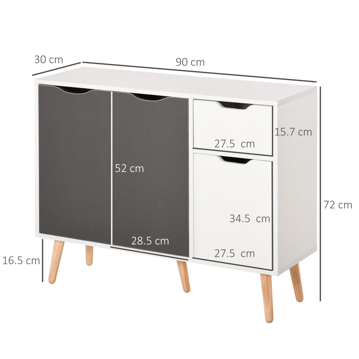 Scandinavian Sideboard Storage Cabinet with Drawer & Adjustable Shelves – Two White and Two Coloured Doors