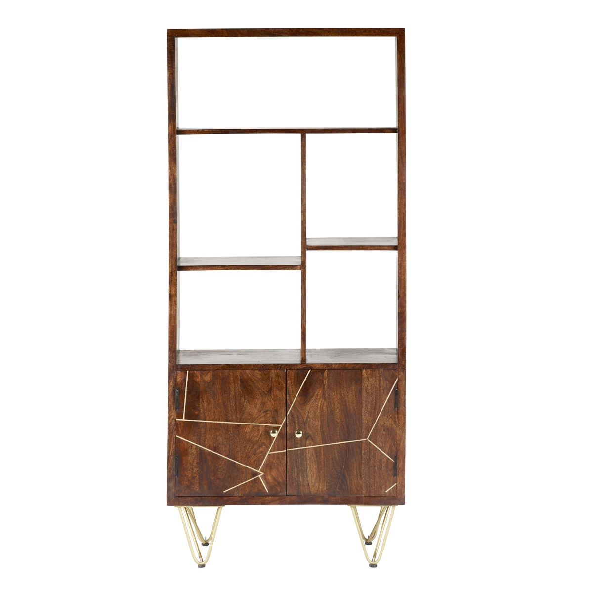 Indian Hub Large 2 Door Solid Wood Bookcase with Dark Gold Metal Inlay – Living Room Storage