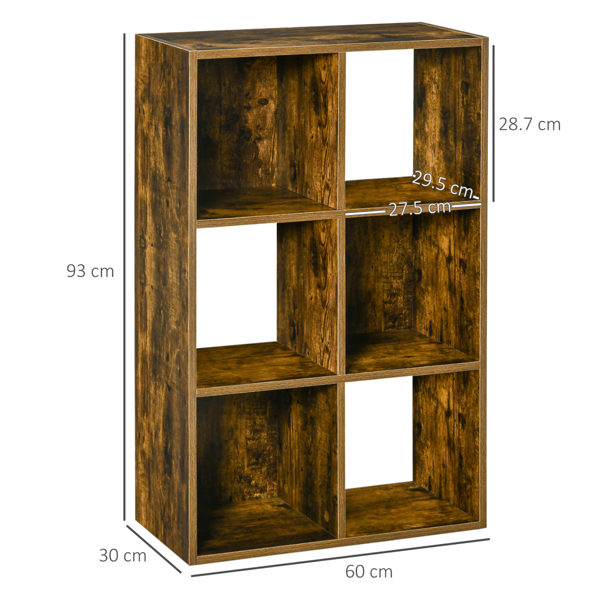 HOMCOM Industrial Style 3-Tier Storage Shelf Bookcase with 6 Open Compartments – Anti-Tip, Rustic Brown