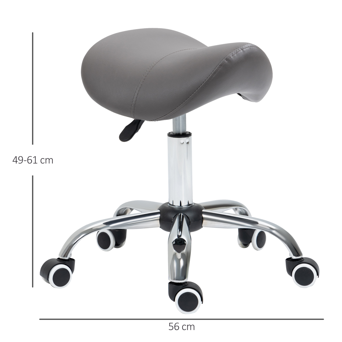 HOMCOM PU Leather Saddle Stool with Padded Seat & Adjustable Height 49–61cm – Salon Stool on Wheels, Grey
