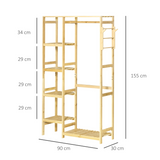 HOMCOM Bamboo Coat Rack with Hooks, Hanging Rail & Storage Shelf – Freestanding Entryway Organiser