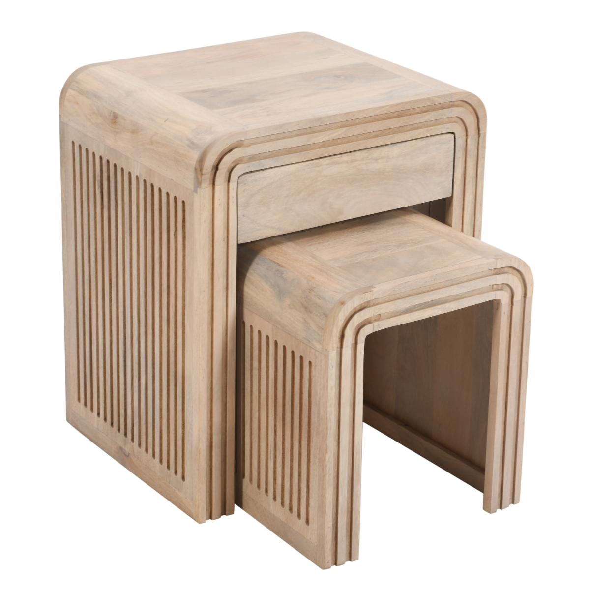 Hudson Carved Mango Wood Nest of 2 Tables with Drawer – Hand-Crafted Space-Saving Side Tables
