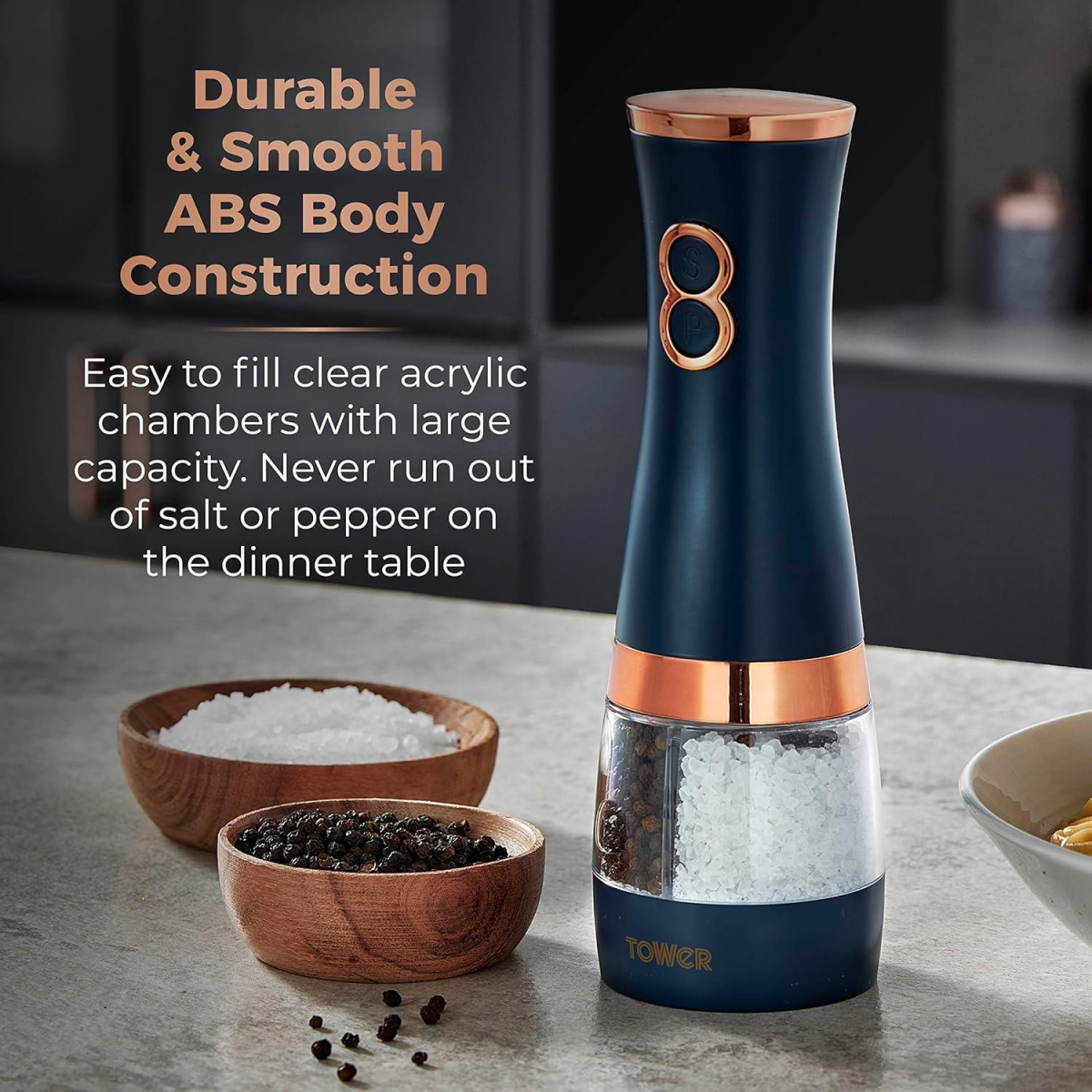 Tower Cavaletto Electric Salt and Pepper Mill Set with Ceramic Grinders – Battery Operated, Midnight Blue