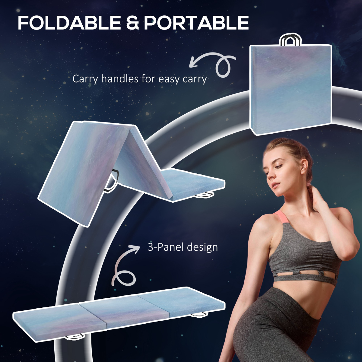 HOMCOM 6ft Foldable Gymnastics Mat, Tri-Fold 5cm Thick Crash Mat for Yoga and Pilates – Sky Blue