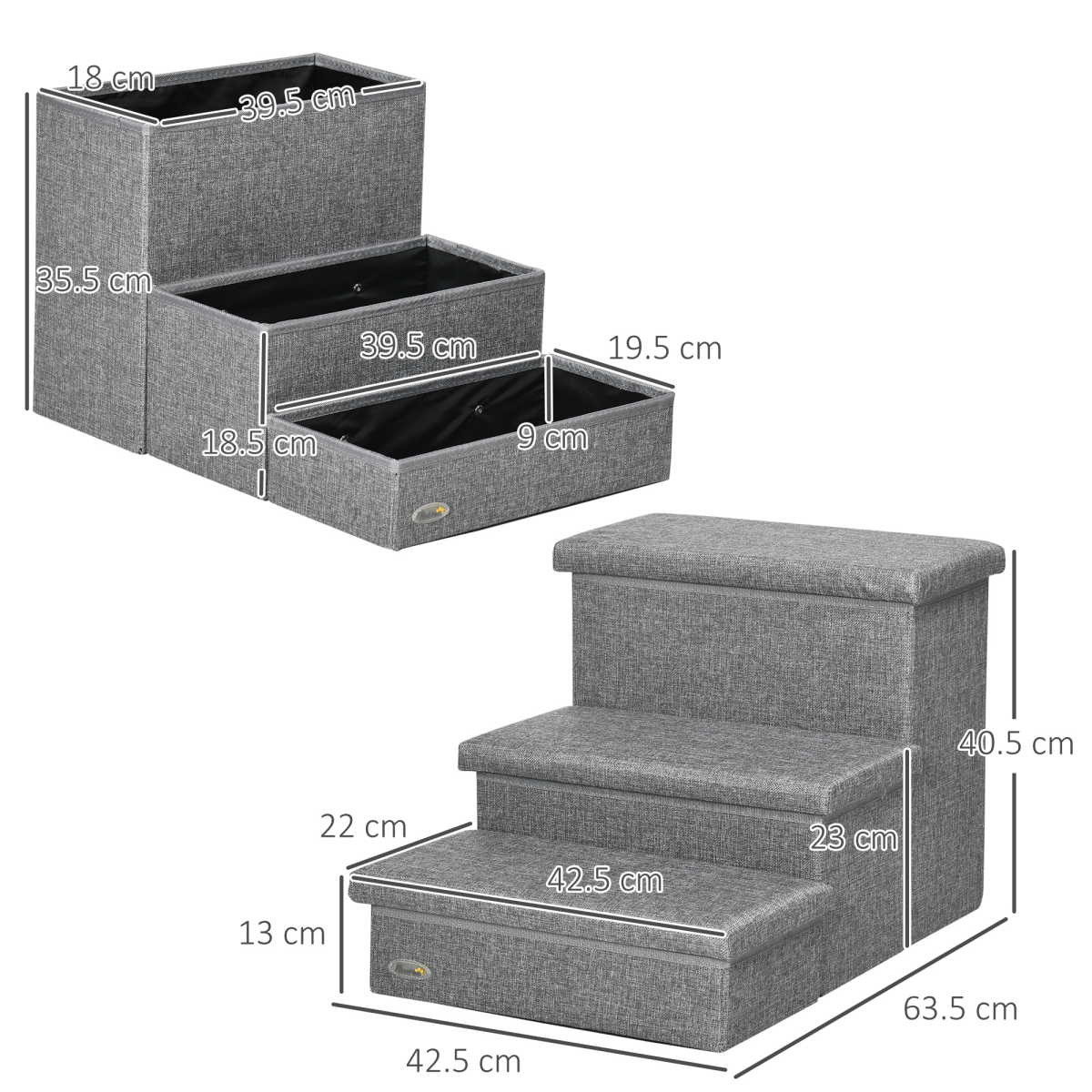 PawHut 3-Step Pet Stairs with Storage Boxes – Dog & Cat Steps for Bed and Sofa, Light Grey