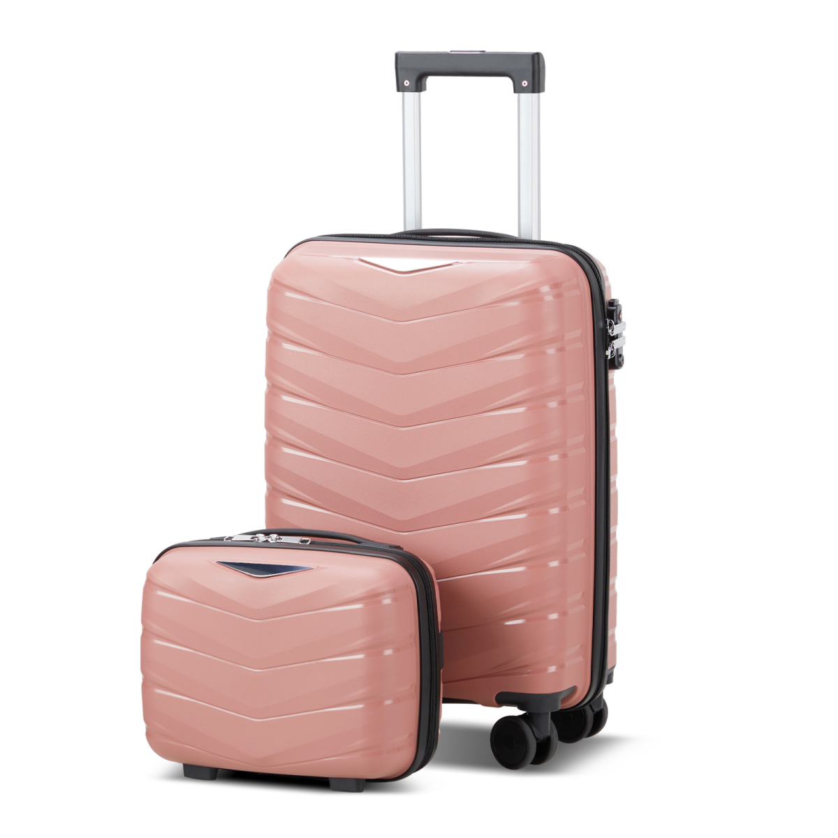 2-Piece Luggage Set with 20" Trolley Case and 14" Hand Case, V-Stripe PP Shell, Rose Gold