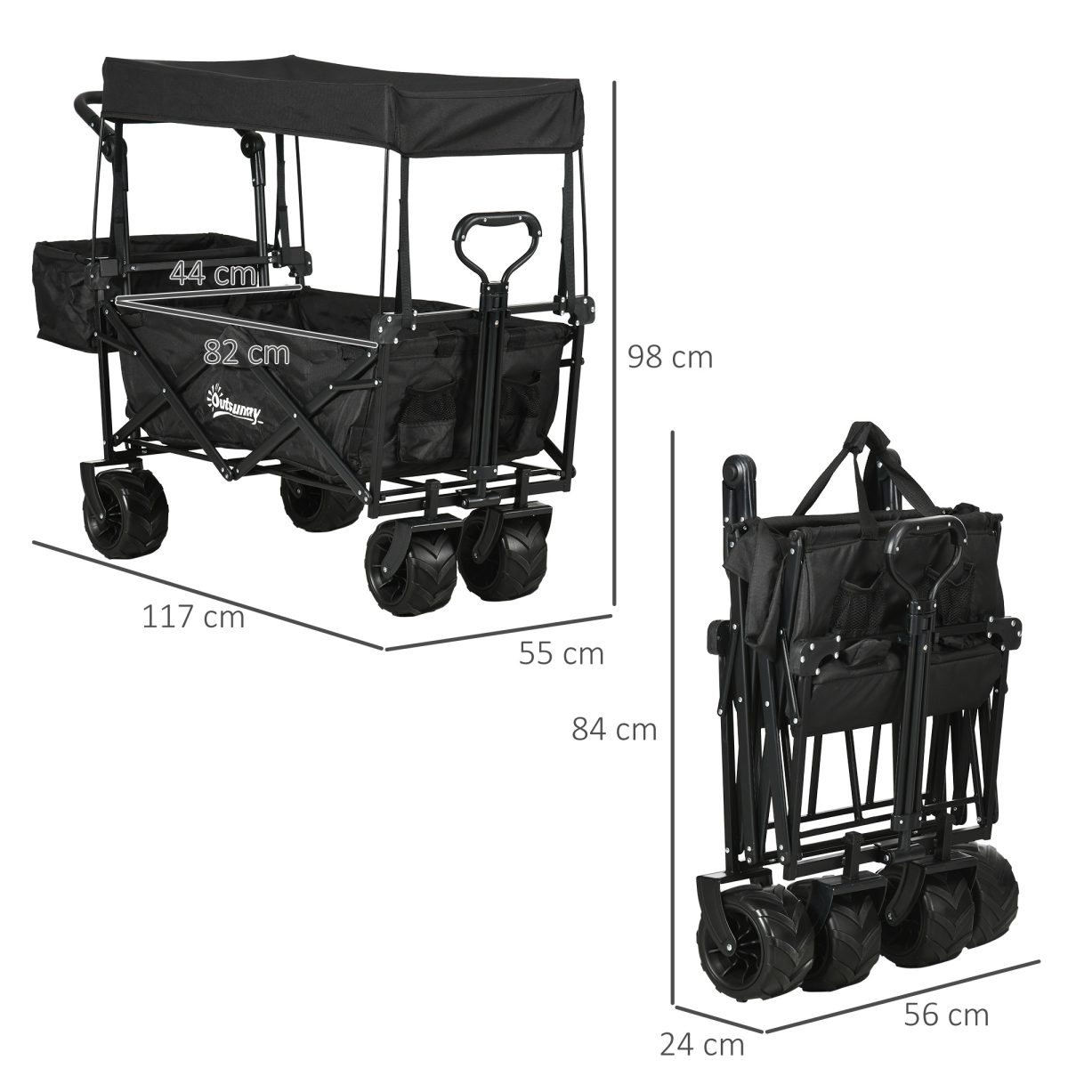 Outsunny Folding Trolley Cart with 4 Wheels, 2 Compartments and Canopy – Garden Storage Wagon, Black
