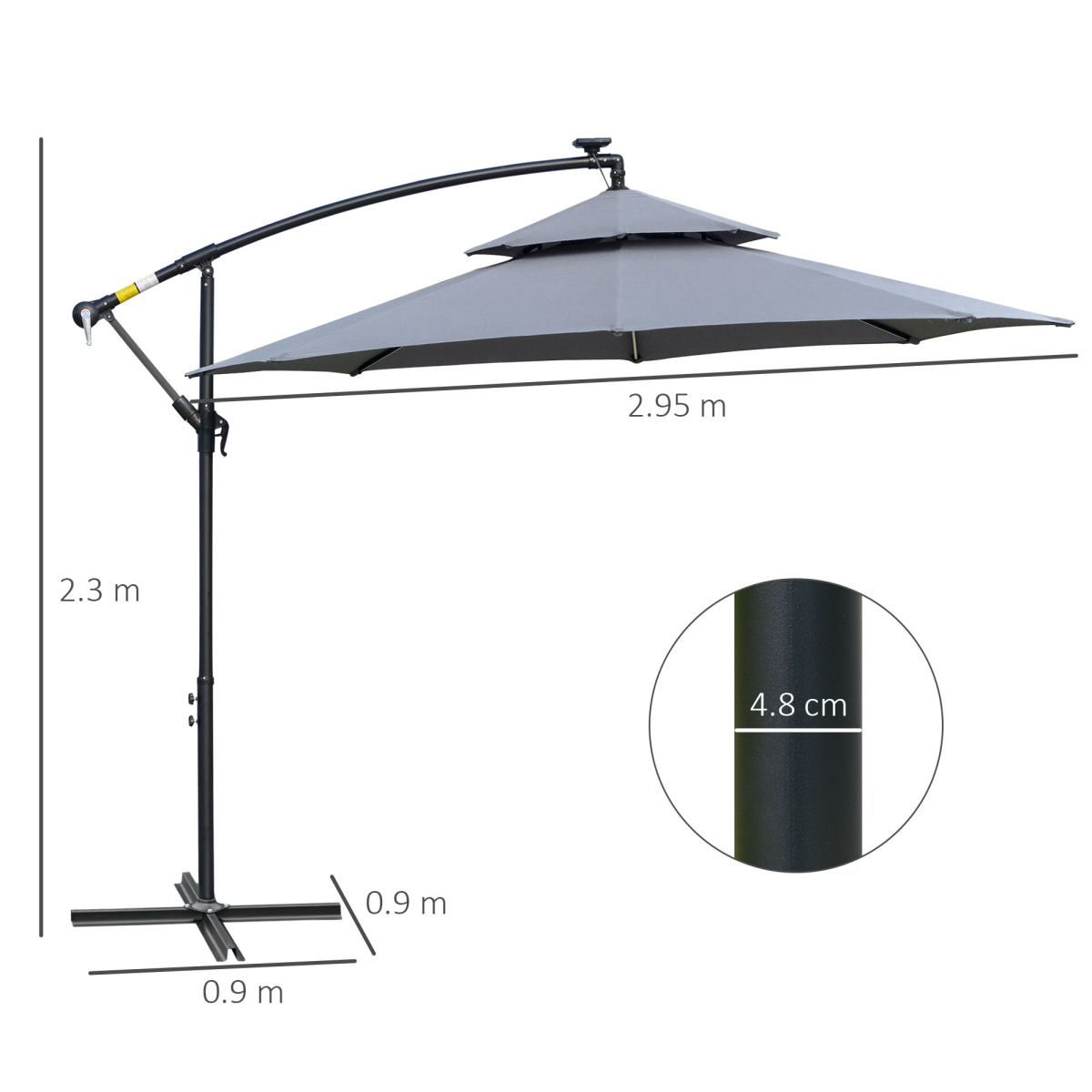 Outsunny 3m Cantilever Banana Parasol with Solar LED Lights, Crank Handle & Cross Base – Garden Shade, Grey