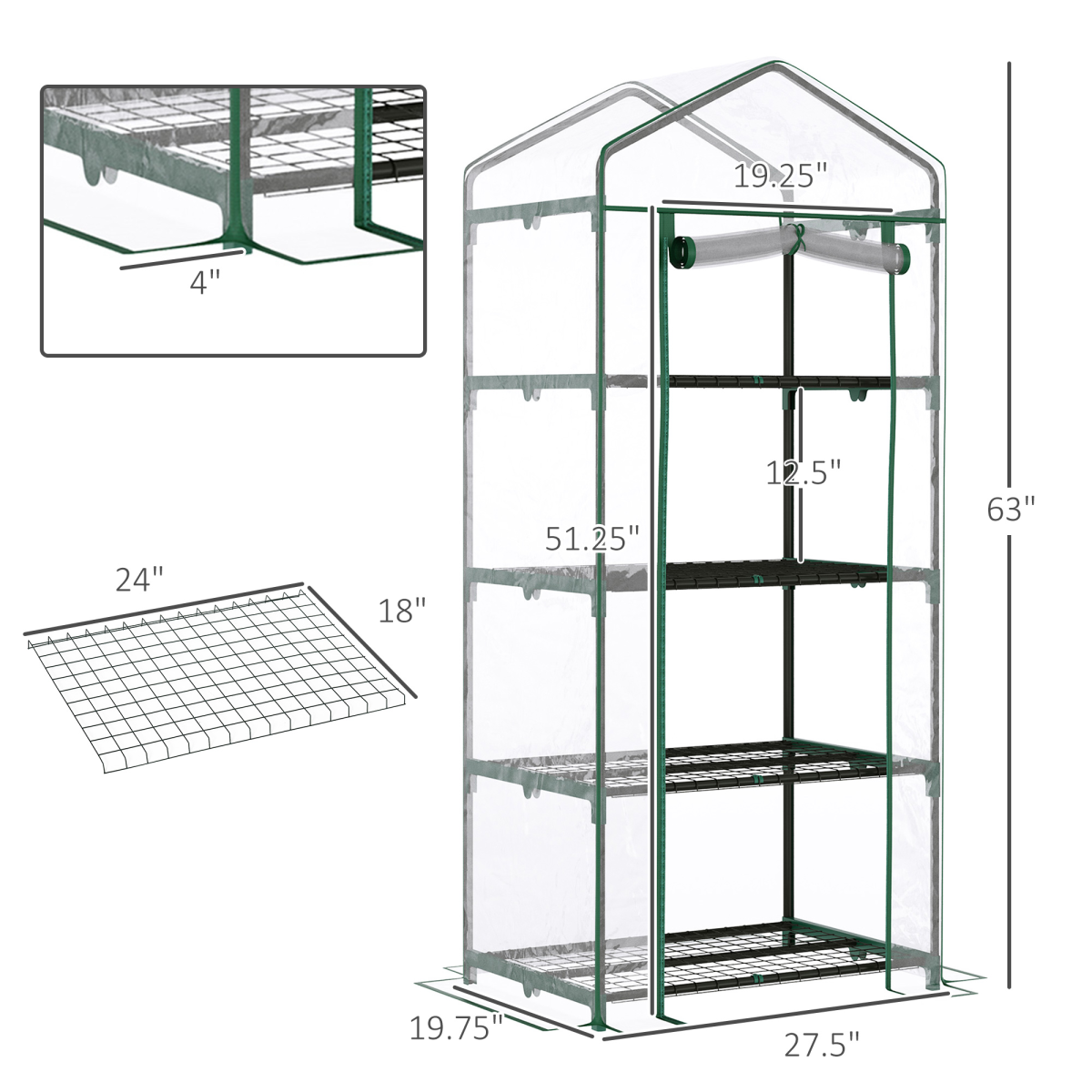 Mini Greenhouse with 4 Shelves, Steel Frame & Roll-Up Zipped PVC Cover – 70 x 50 x 160cm Grow House, Dark Green