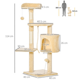 Pawhut 114cm Four-Tier Cat Tree with Sisal Posts, Condo and Dangling Toys – Indoor Activity Centre, Beige