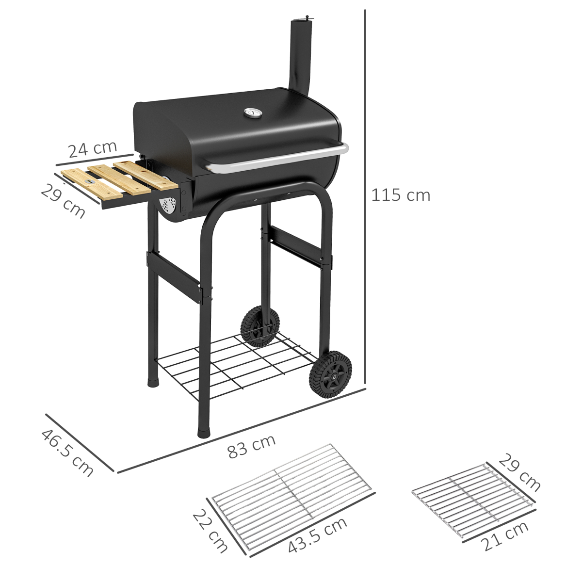 Outsunny Charcoal BBQ Grill Trolley with Lid, Thermometer & Shelves – Wheeled Garden Barbecue, Black