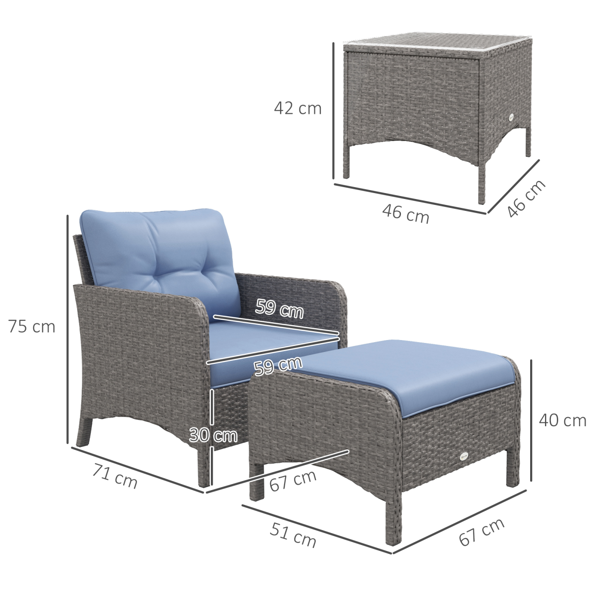 Outsunny 5-Piece Wicker Patio Conversation Set with 10cm Cushions, Footstools & Tempered Glass Coffee Table – Garden Furniture, Grey & Blue